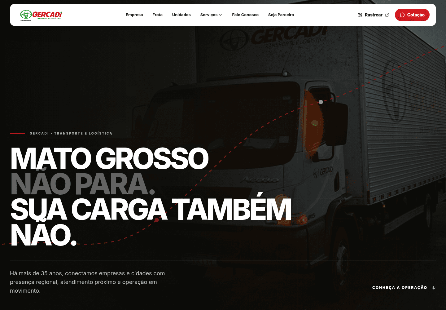 Página inicial da Gercadi, com caminhão e chamada sobre transporte em Mato Grosso